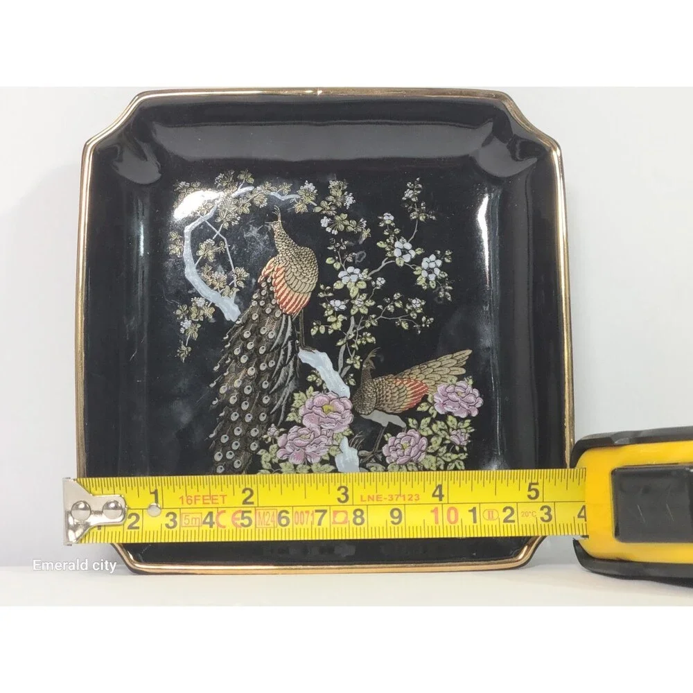Vtg OMC Japan Peacock Square Porcelain Oriental Tray Candy Dish Black 24kt Inlay